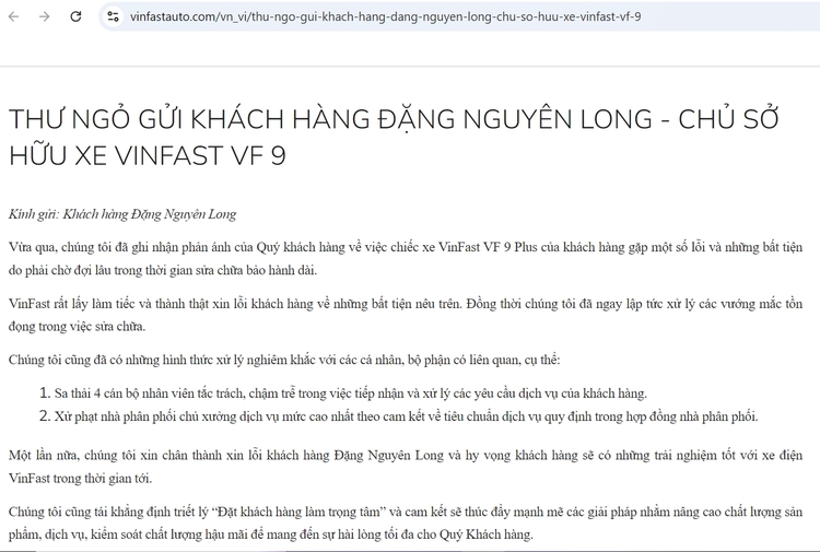 VinFast giải quyết ra sao khi chủ xe VF9 phản ánh về thời gian sửa chữa bảo hành kéo dài